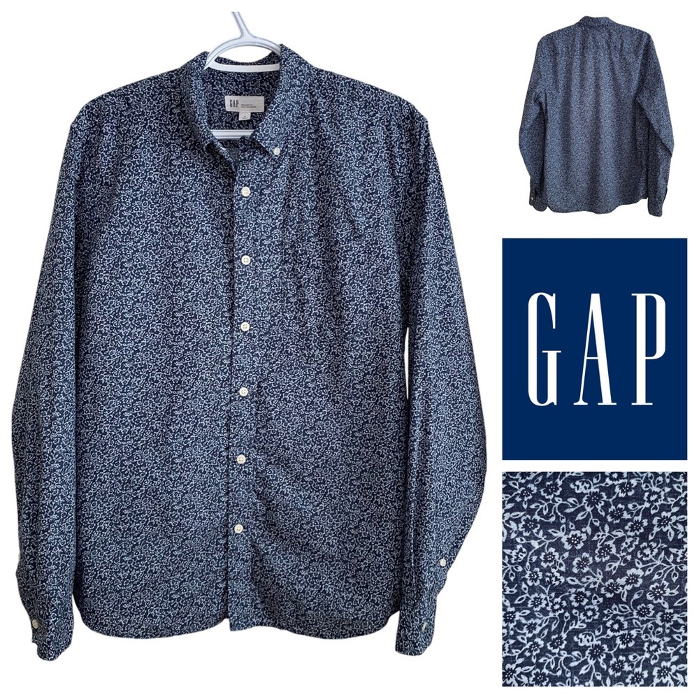2/$10 100% Cotton Gap Men Untucked Fit Button Down Shirt Blue Floral Long Sleeve
